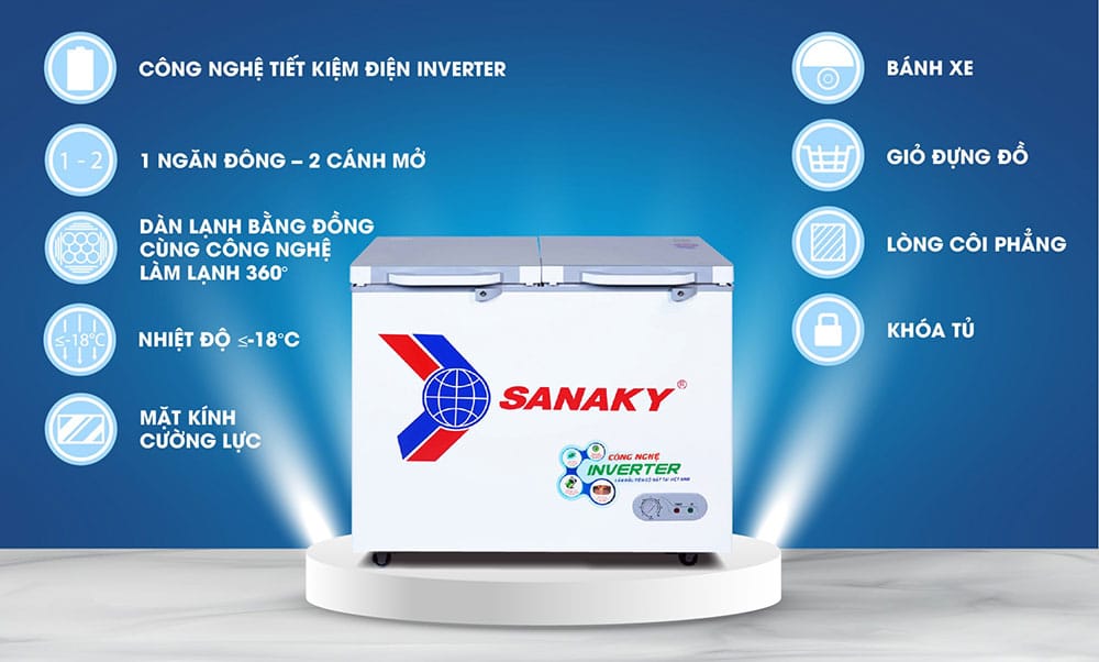 Tủ đông 260l/208l Sanaky Inverter VH-2599A4K | Dàn đồng – Siêu tiết kiệm điện